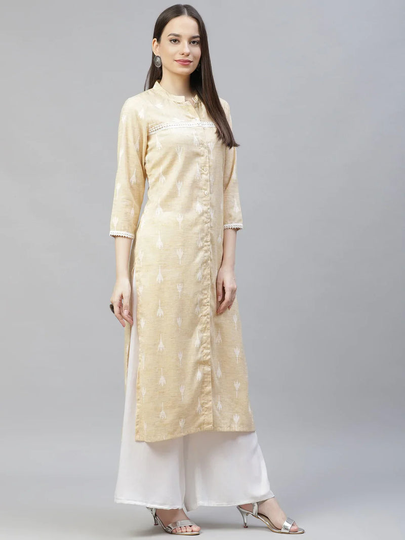 Women Yellow Ethnic Motifs Ikat Kurta with lace work ( JOK 1404 Yellow )