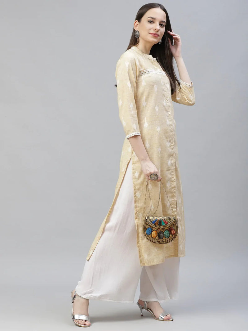 Women Yellow Ethnic Motifs Ikat Kurta with lace work ( JOK 1404 Yellow )