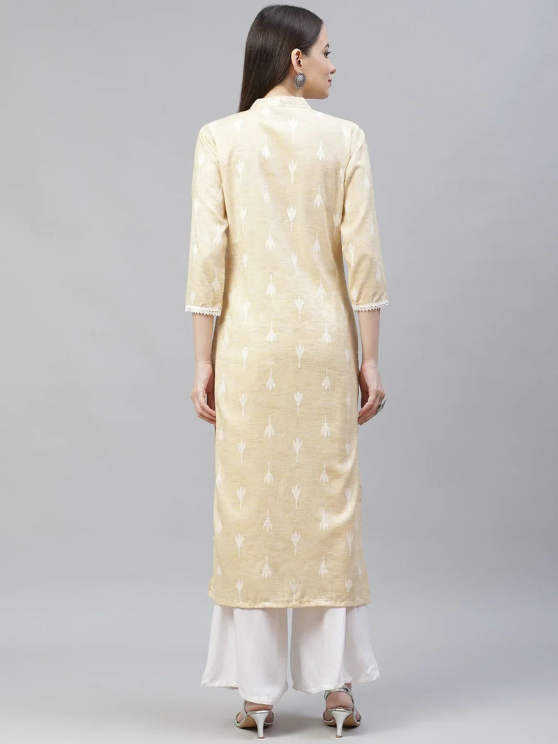 Women Yellow Ethnic Motifs Ikat Kurta with lace work ( JOK 1404 Yellow )