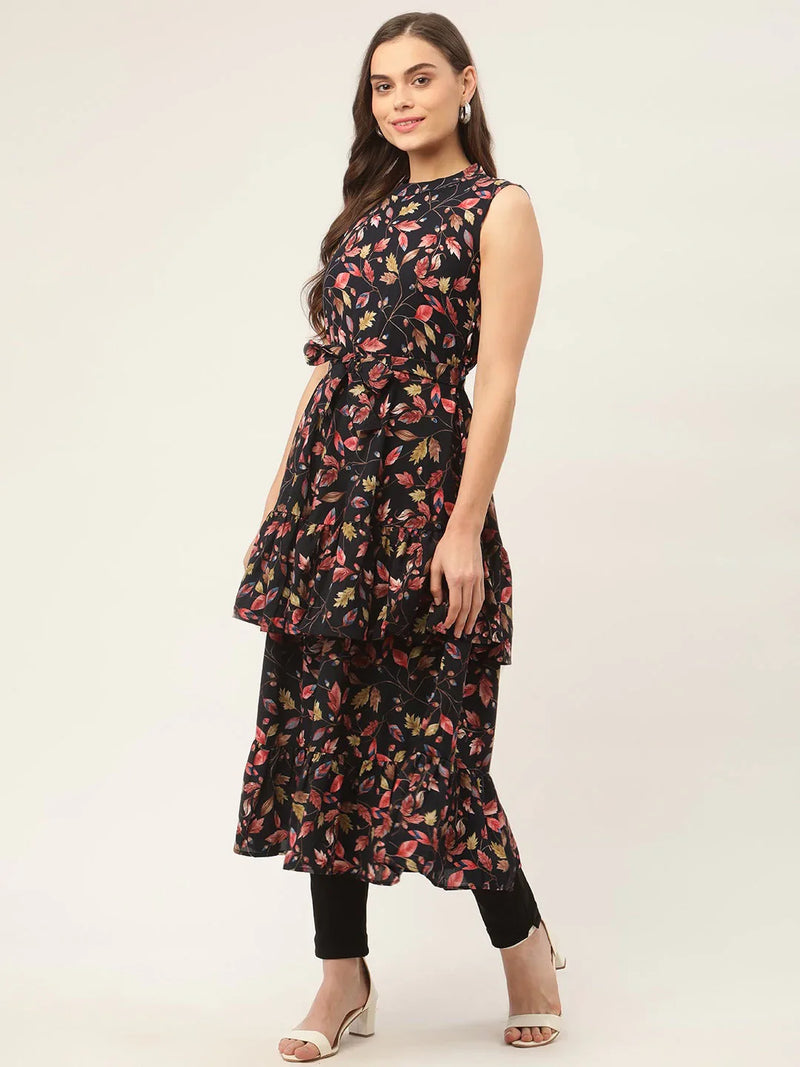 Women Navy Blue Flared Printed kurta ( JOK 1417 Navy )