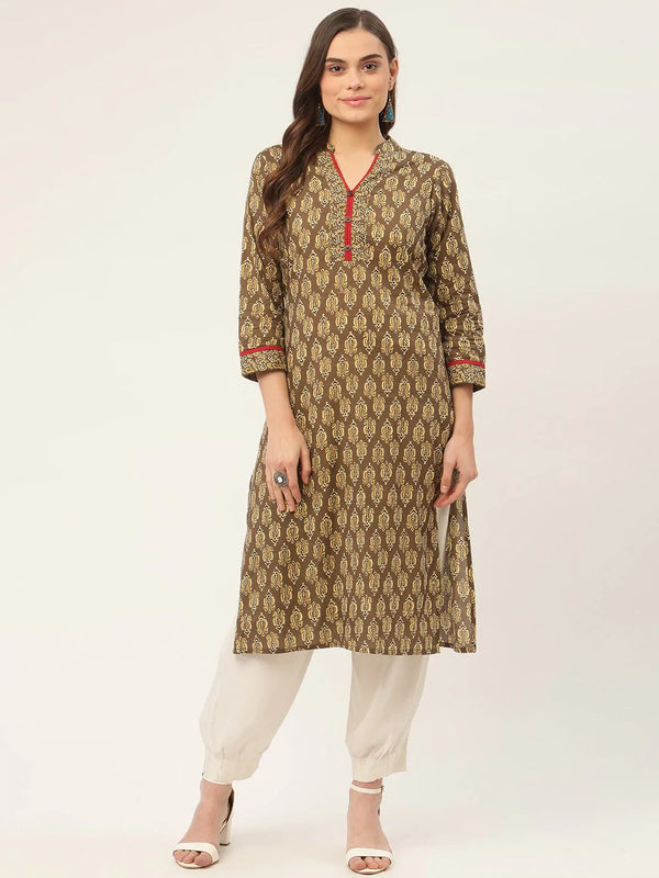 Women Brown and Olive Printed Straight Pure Cotton Kurta ( JOK 1419 Brown )