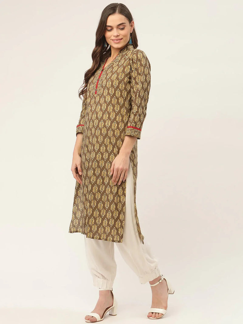 Women Brown and Olive Printed Straight Pure Cotton Kurta ( JOK 1419 Brown )