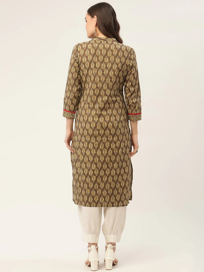 Women Brown and Olive Printed Straight Pure Cotton Kurta ( JOK 1419 Brown )