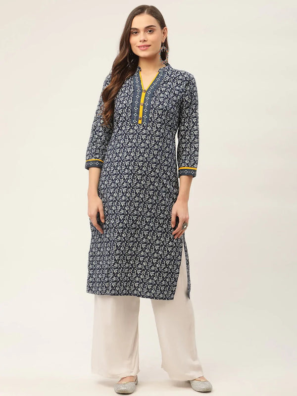 Women Indigo Blue Printed Straight Pure Cotton Kurta ( JOK 1419 Indigo )