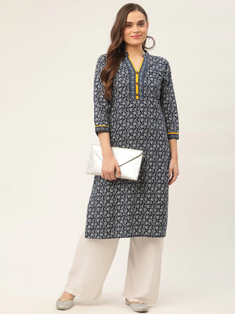 Women Indigo Blue Printed Straight Pure Cotton Kurta ( JOK 1419 Indigo )