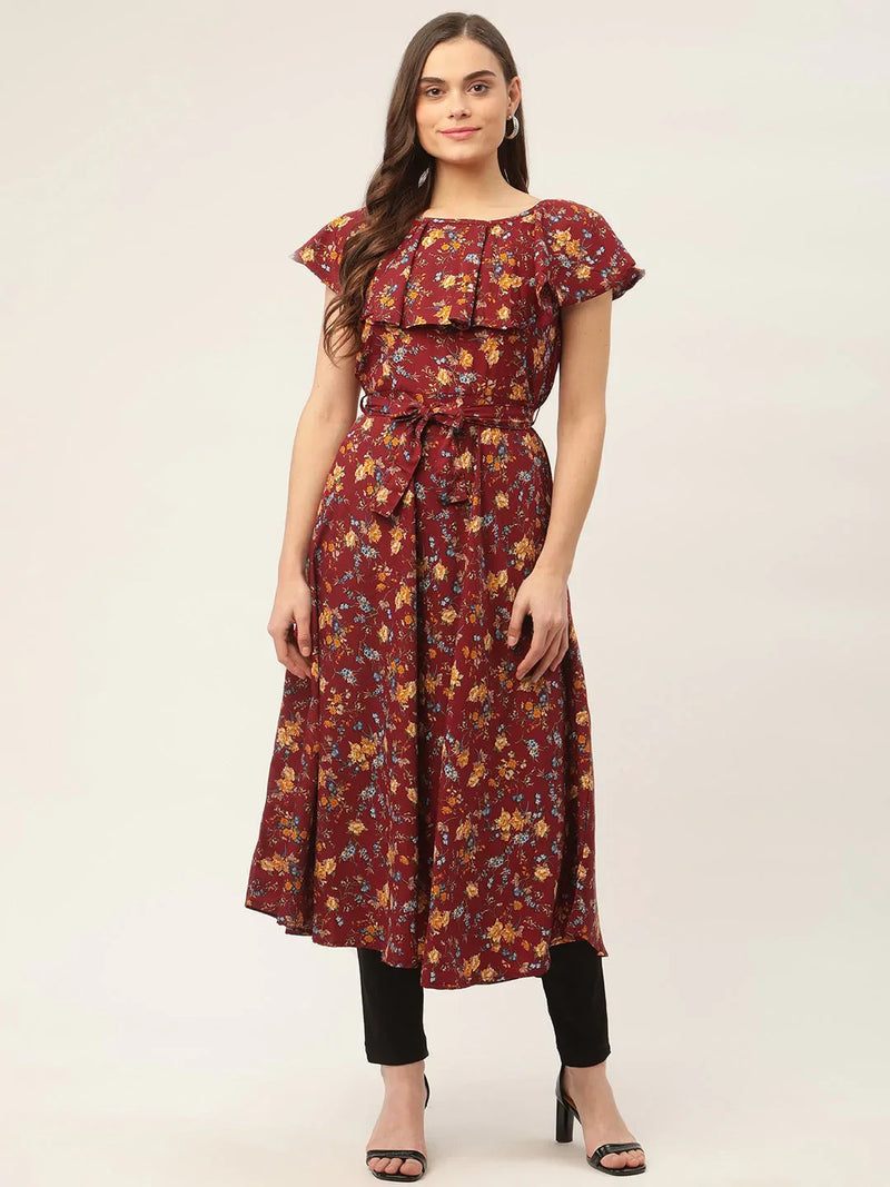 Women Maroon Flared Printed kurta ( JOK 1420 Maroon )