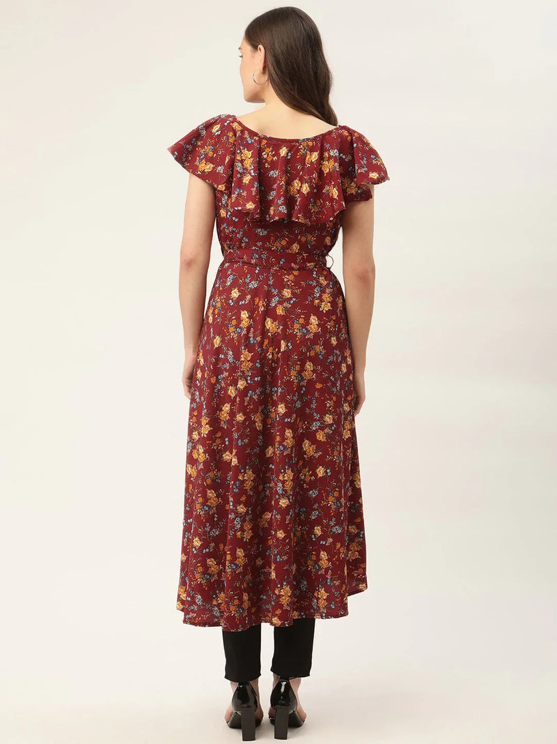 Women Maroon Flared Printed kurta ( JOK 1420 Maroon )