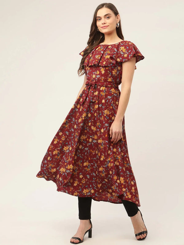 Women Maroon Flared Printed kurta ( JOK 1420 Maroon )