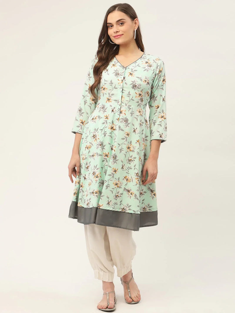 Women Sky Blue and White Flared Printed kurta ( JOK 1424 Sky )