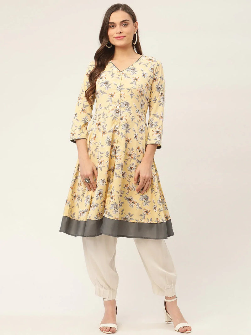 Women Yellow and White Flared Printed kurta ( JOK 1424 Yellow )