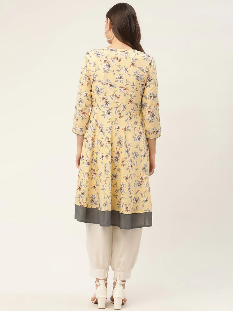 Women Yellow and White Flared Printed kurta ( JOK 1424 Yellow )