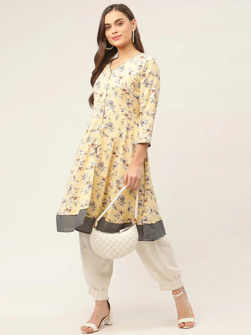 Women Yellow and White Flared Printed kurta ( JOK 1424 Yellow )