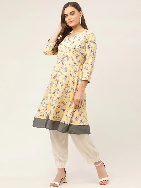 Women Yellow and White Flared Printed kurta ( JOK 1424 Yellow )