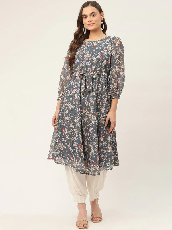 Women Grey & White Georgette Floral Printed Kurta ( JOK 1428 Grey )