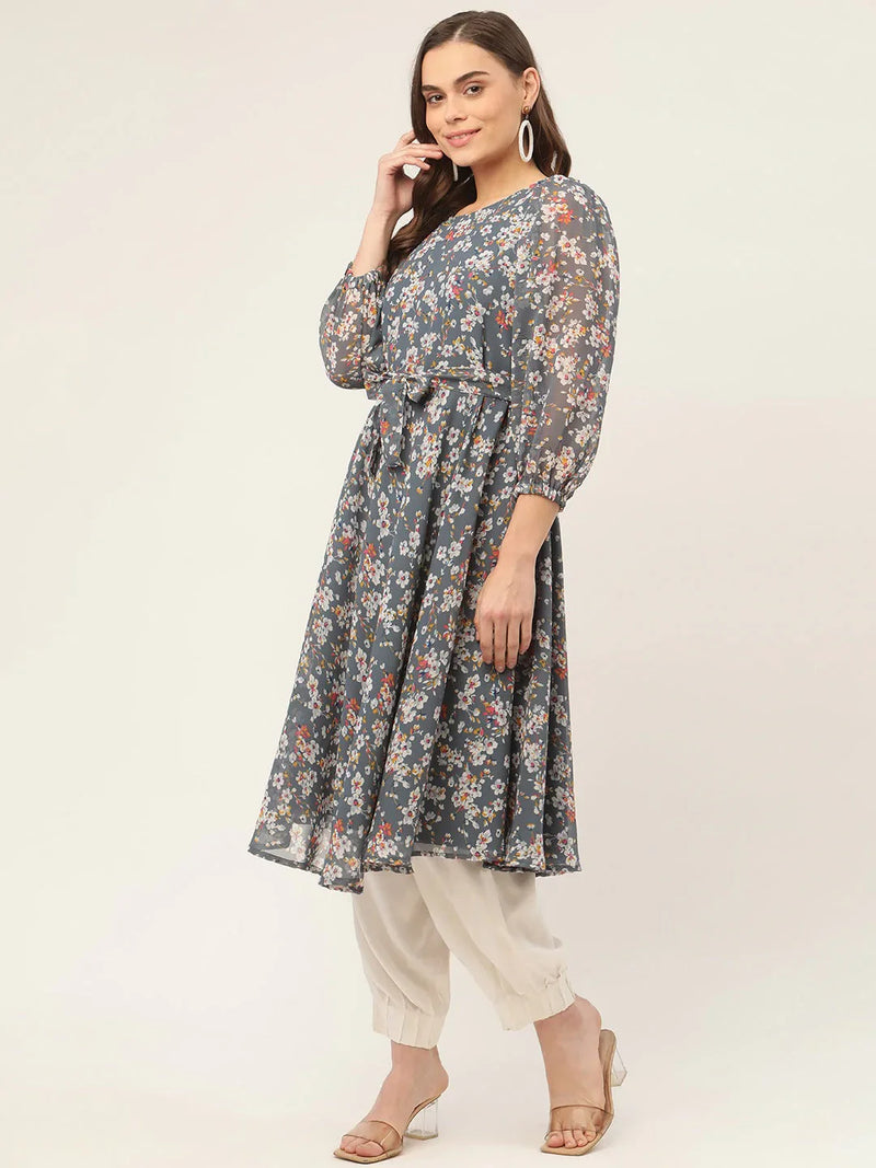 Women Grey & White Georgette Floral Printed Kurta ( JOK 1428 Grey )