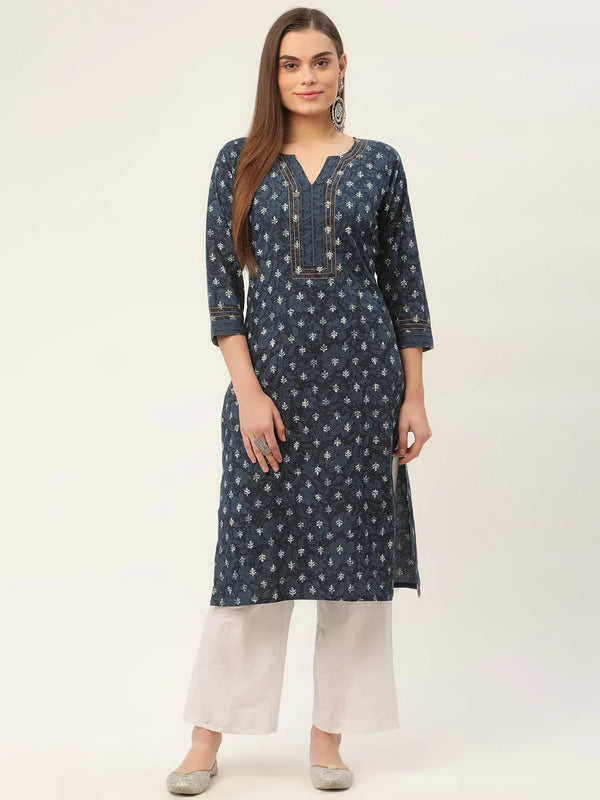 Women Indigo Blue Pure Cotton Floral Printed Kurtas ( JOK 1434 Indigo )