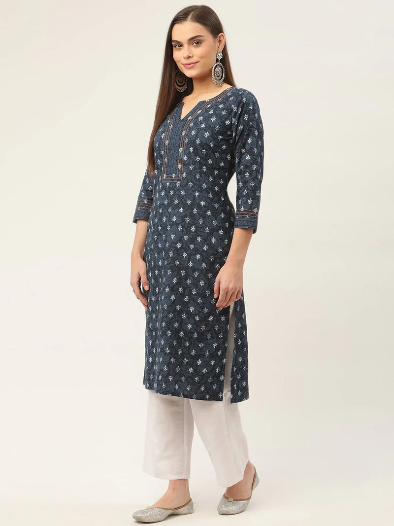 Women Indigo Blue Pure Cotton Floral Printed Kurtas ( JOK 1434 Indigo )