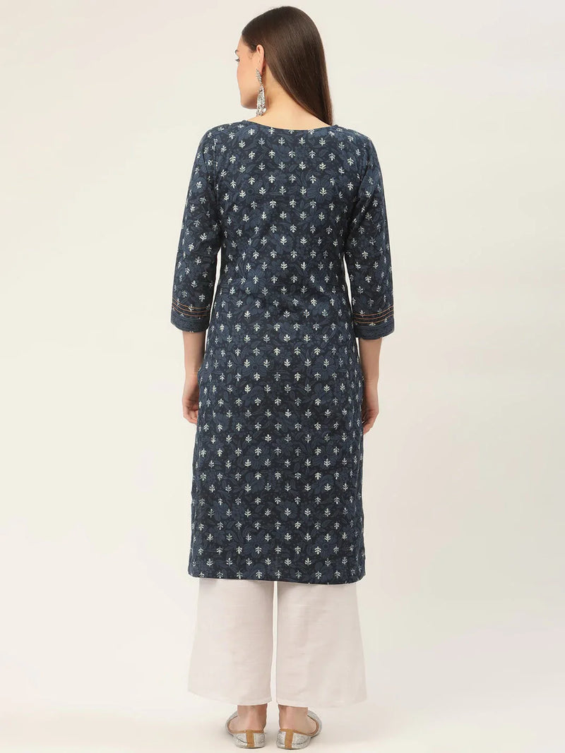 Women Indigo Blue Pure Cotton Floral Printed Kurtas ( JOK 1434 Indigo )