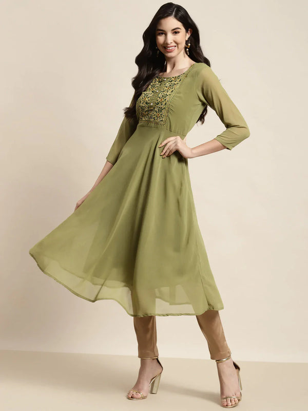 Yoke Design Georgette Anarkali Kurta ( JOK 1451 Green )