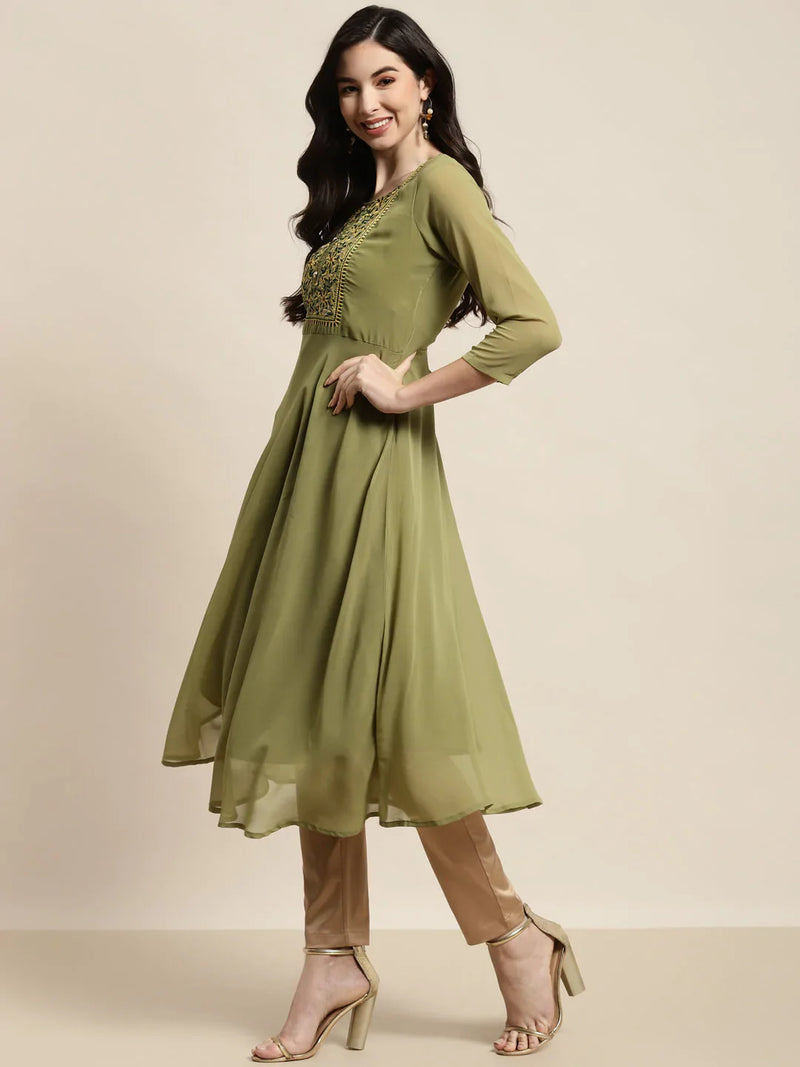 Yoke Design Georgette Anarkali Kurta ( JOK 1451 Green )