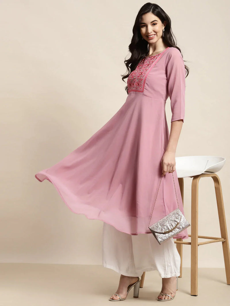 Yoke Design Georgette Anarkali Kurta ( JOK 1451 Pink )