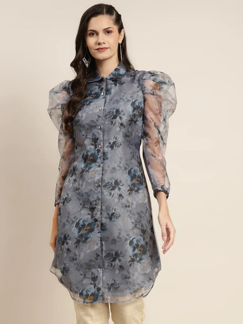 Organza Printed Puff Sleeves Kurta ( JOK 1471 Grey )