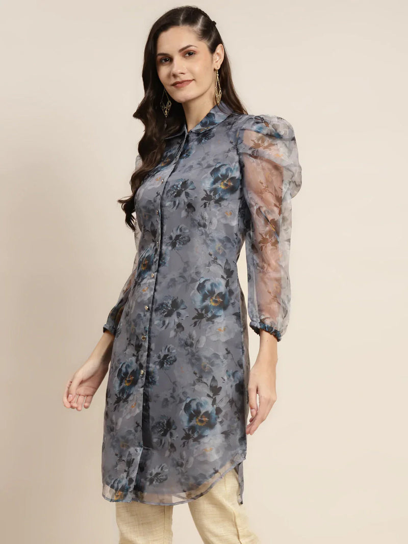 Organza Printed Puff Sleeves Kurta ( JOK 1471 Grey )