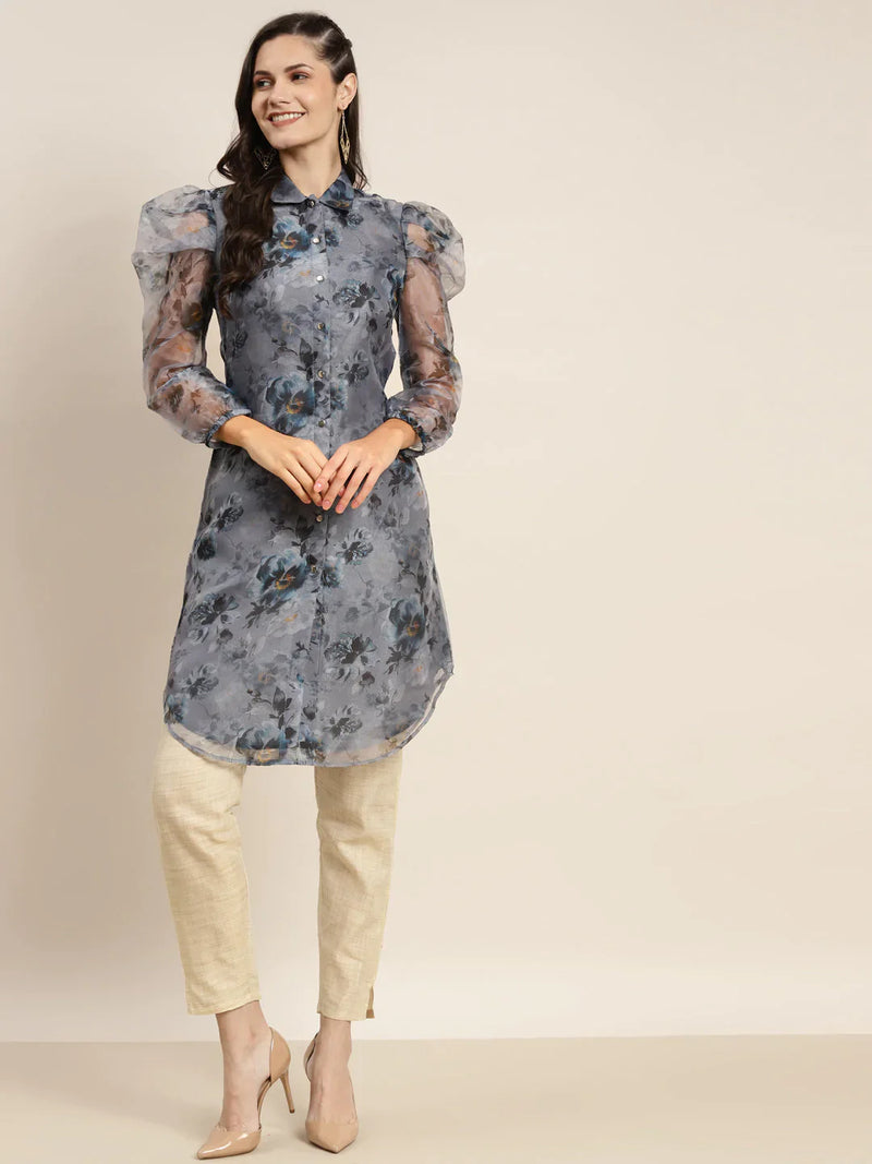 Organza Printed Puff Sleeves Kurta ( JOK 1471 Grey )