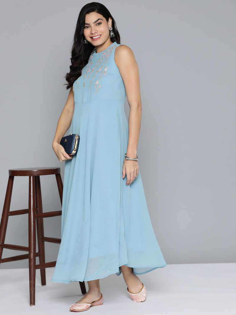 Embroidered Powder Grey Flaired Dress ( JOK 1472 Blue )