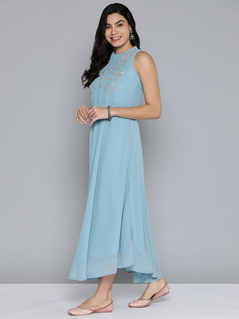 Embroidered Powder Grey Flaired Dress ( JOK 1472 Blue )