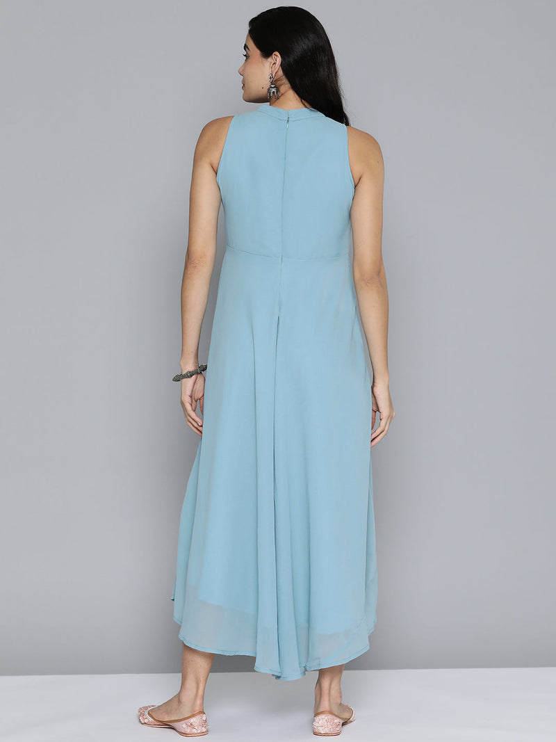 Embroidered Powder Grey Flaired Dress ( JOK 1472 Blue )