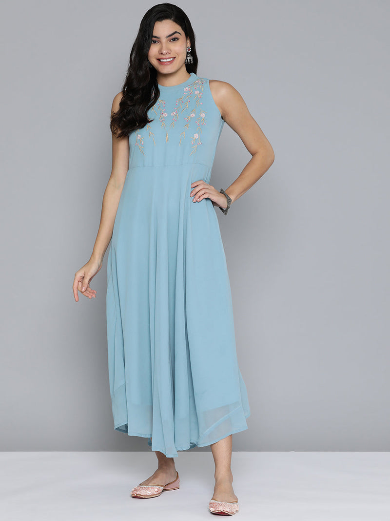 Embroidered Powder Grey Flaired Dress ( JOK 1472 Blue )