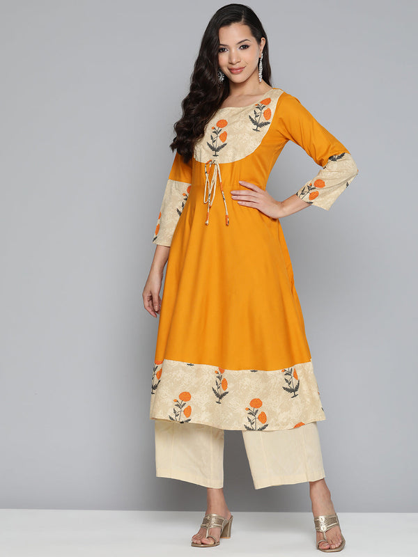 Jompers Floral Printed Mustard Floral Kurta ( JOK 1488 Mustard )