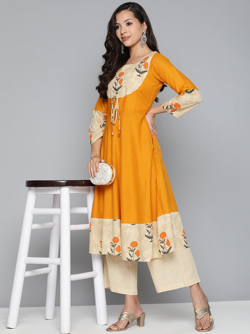 Jompers Floral Printed Mustard Floral Kurta ( JOK 1488 Mustard )