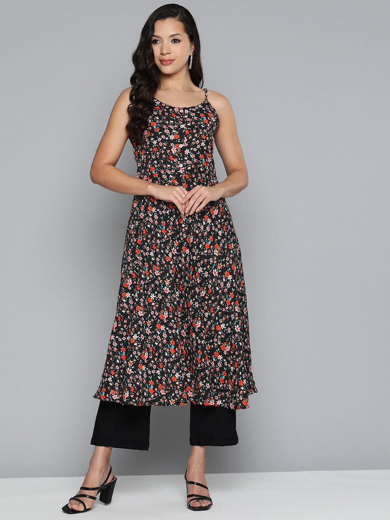 Jompers Floral Printed Floral Georgette Kurta ( JOK 1491 Black )