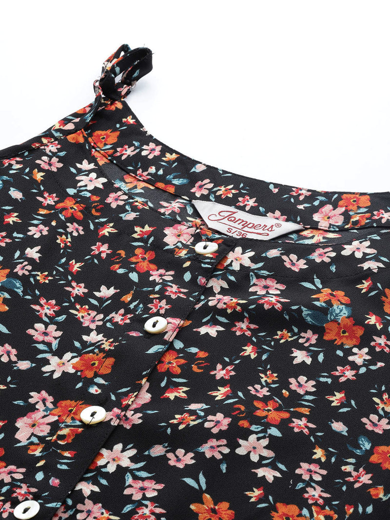 Jompers Floral Printed Floral Georgette Kurta ( JOK 1491 Black )