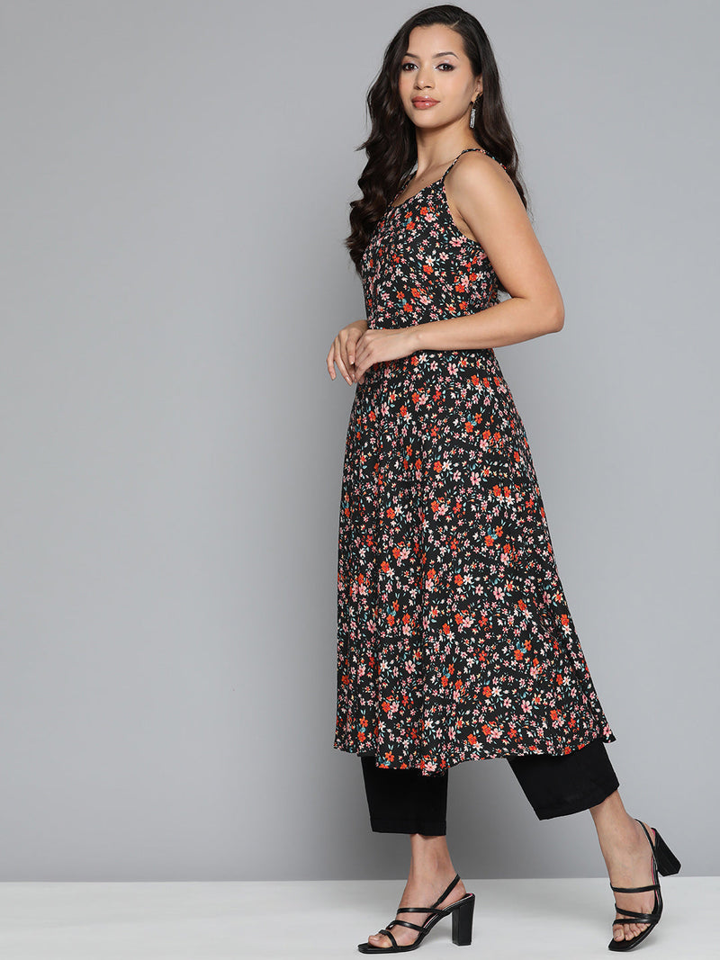 Jompers Floral Printed Floral Georgette Kurta ( JOK 1491 Black )