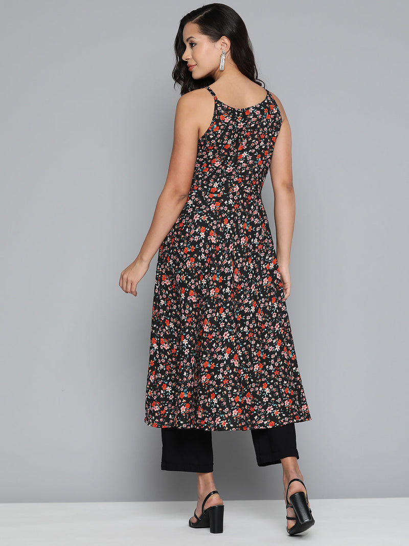 Jompers Floral Printed Floral Georgette Kurta ( JOK 1491 Black )