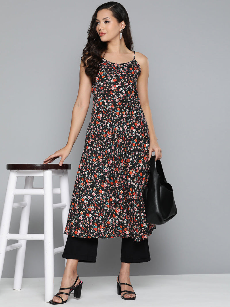 Jompers Floral Printed Floral Georgette Kurta ( JOK 1491 Black )