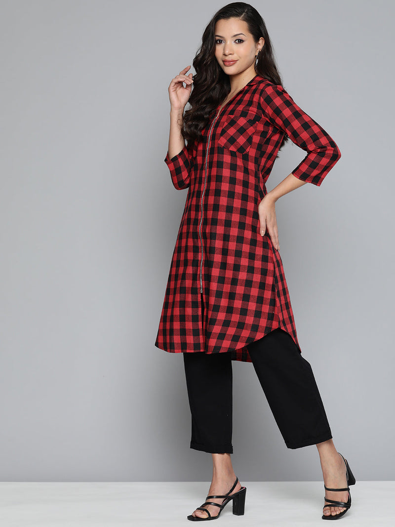 Jompers Red-Black Checks Kurta ( JOK 1492 Red )