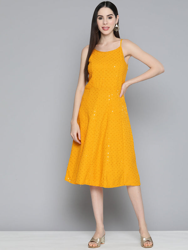 Jompers Mustard Floral Sequin Embroidered A-Line Midi Dress ( JOK 1494 Mustard )