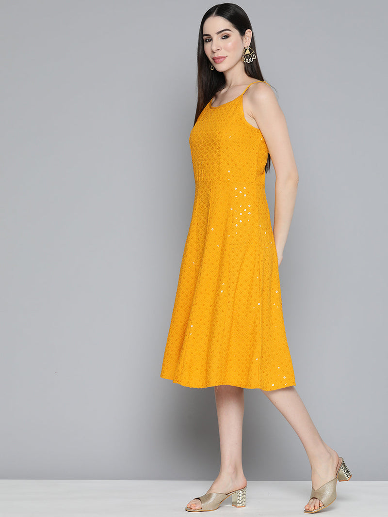 Jompers Mustard Floral Sequin Embroidered A-Line Midi Dress ( JOK 1494 Mustard )