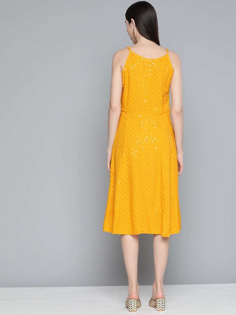 Jompers Mustard Floral Sequin Embroidered A-Line Midi Dress ( JOK 1494 Mustard )