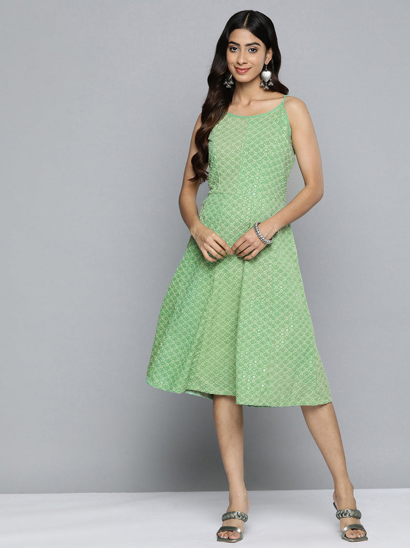 Jompers Green Floral Sequin Embroidered A-Line Midi Dress ( JOK 1494 Pista )