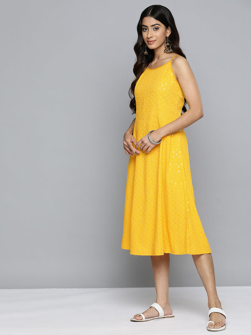 Jompers Yellow Floral Sequin Embroidered A-Line Midi Dress ( JOK 1494 Yellow )