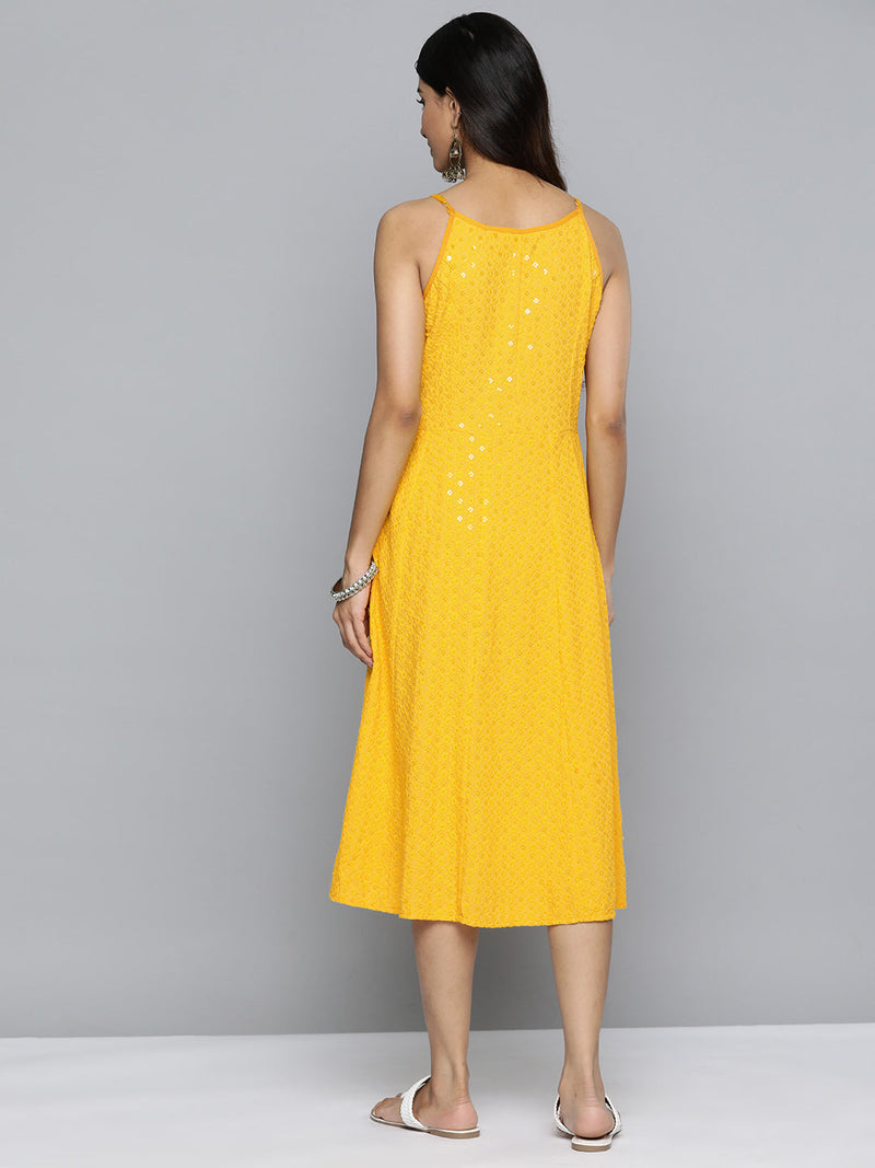 Jompers Yellow Floral Sequin Embroidered A-Line Midi Dress ( JOK 1494 Yellow )