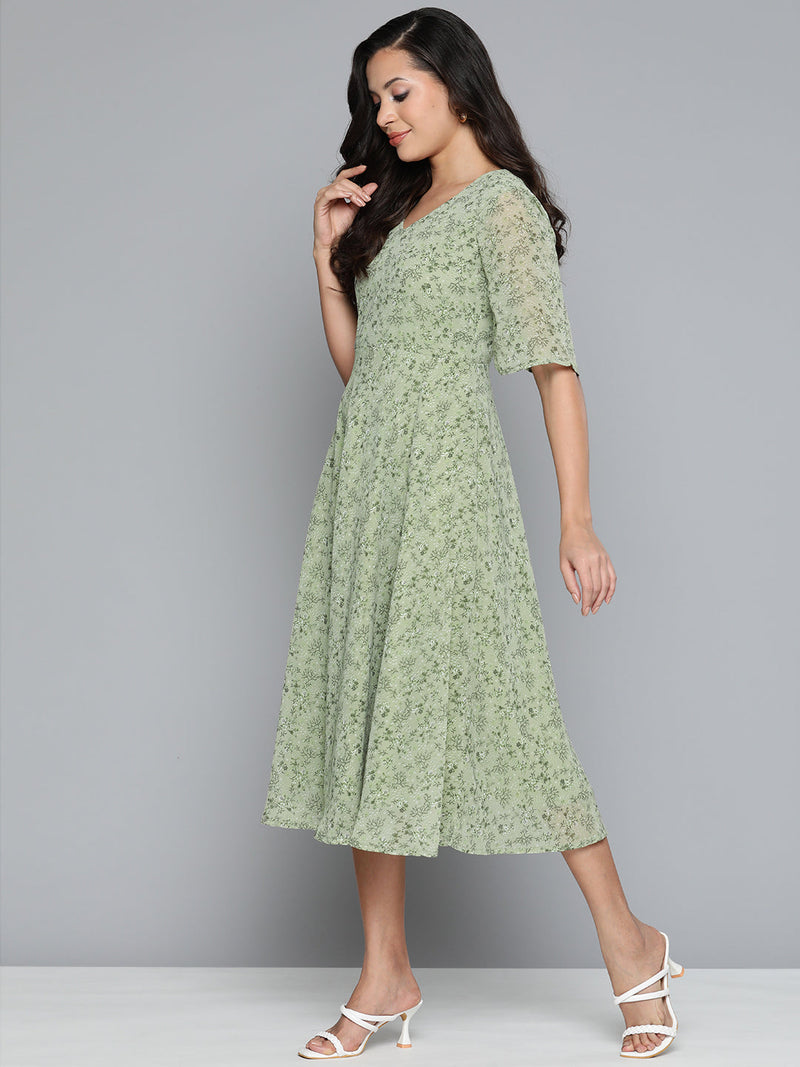 Jompers Floral Georgette A-Line Midi Dress ( JOK 1500 Green )