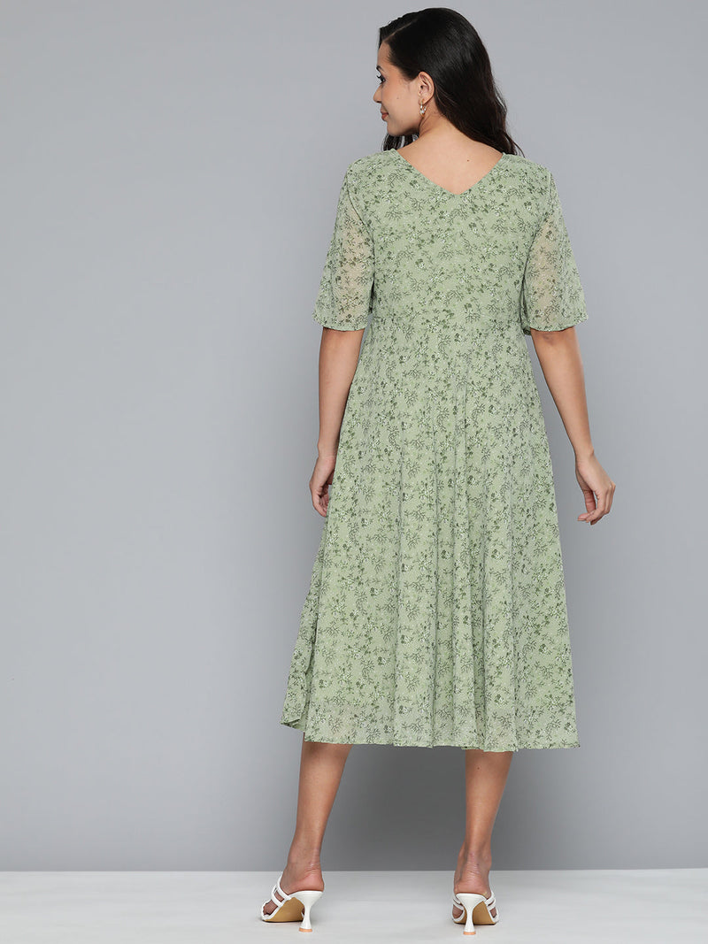 Jompers Floral Georgette A-Line Midi Dress ( JOK 1500 Green )