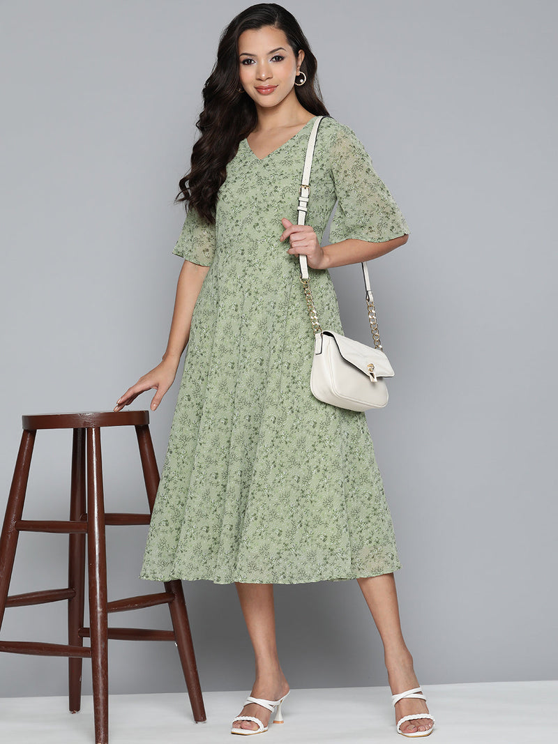 Jompers Floral Georgette A-Line Midi Dress ( JOK 1500 Green )