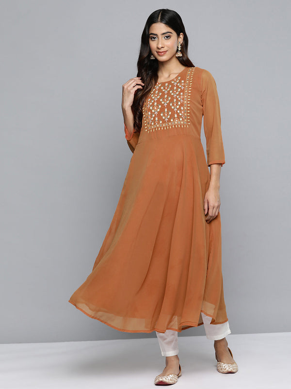 Jompers Floral Embroidered Thread Work Floral Georgette Anarkali Kurta ( JOK 1510 Orange )